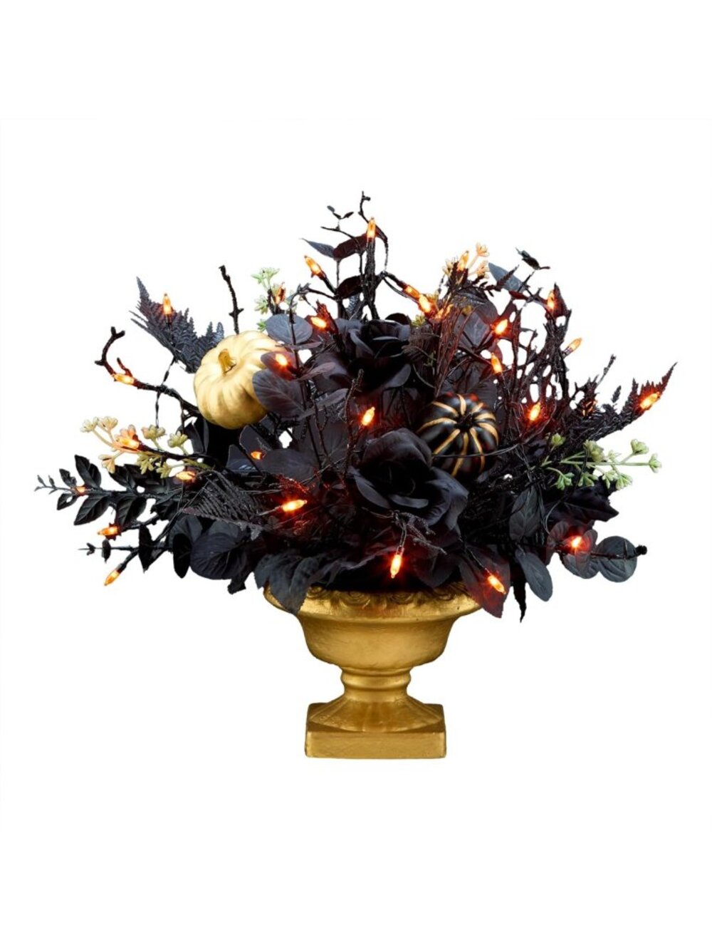 Chic 16" Black & Gold Halloween Centerpiece with 35 Orange LED Lights
